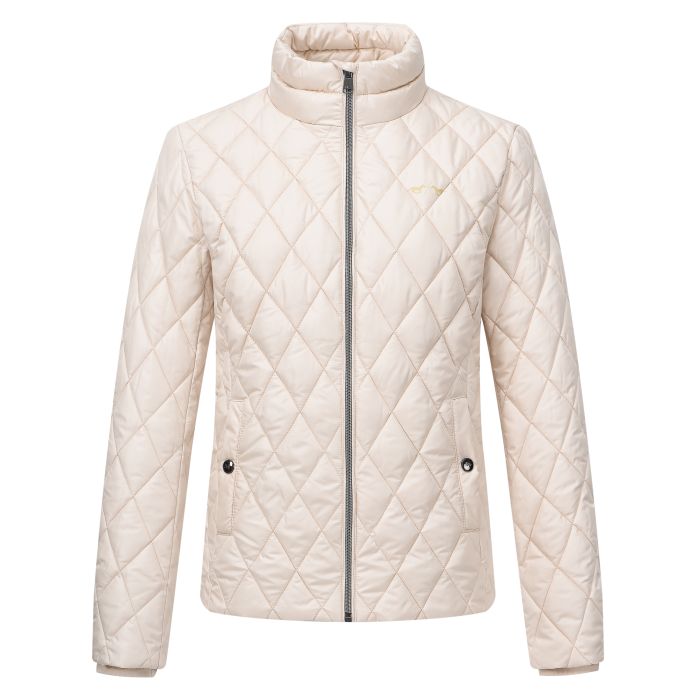 HV Society Quilted Jacket with Inner Rib Cuffs and Branded Zip Closure Stay Warm and Stylish with Wind Catcher and Chin Protector Pockets with Snap Button Closure and Logo Print at